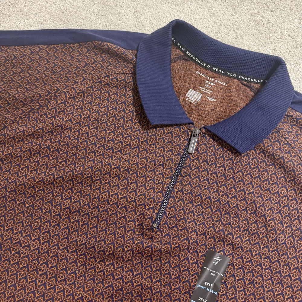 Shaquille O'Neal Polo Shirt Mens 2XLT Orange Navy Geometric Short Sleeve 1/4 Zip